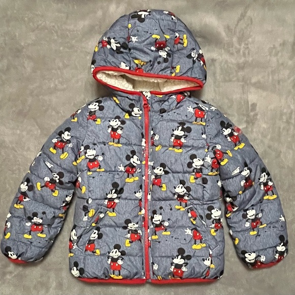 GAP Other - GAP Kids Puffer Jacket in Heather Blue with Mickey Mouse Print and Red Trim